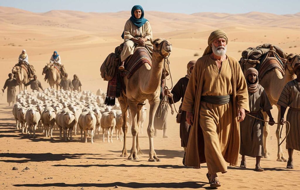 Abraão caminha no deserto com sua esposa os seus servos e o rebanho de ovelhas e camelos