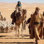 Abraão caminha no deserto com sua esposa os seus servos e o rebanho de ovelhas e camelos