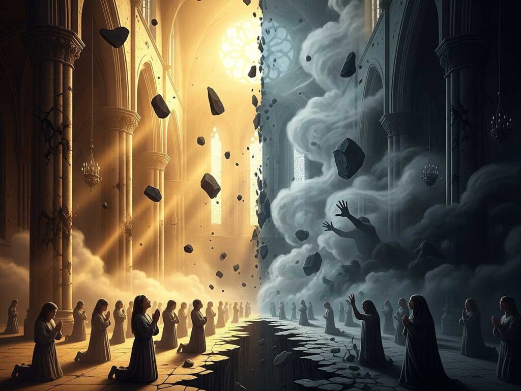 Uma igreja antiga rachada no meio, de um lado luz dourada e fiéis orando, do outro lado sombras e fumaça representando confusão