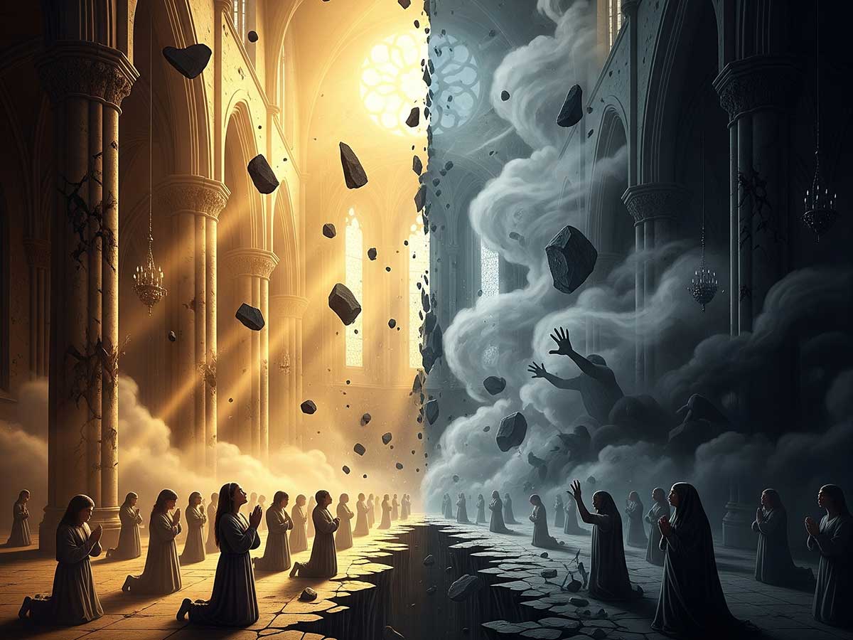 Uma igreja antiga rachada no meio, de um lado luz dourada e fiéis orando, do outro lado sombras e fumaça representando confusão