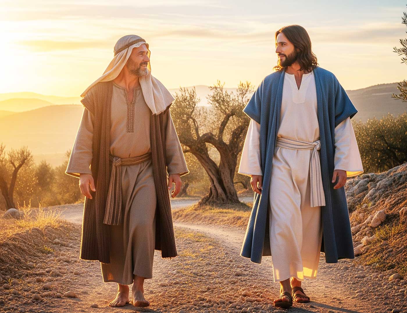 Um homem simples caminhando ao lado de Jesus em uma estrada de terra, com o pôr do sol ao fundo.