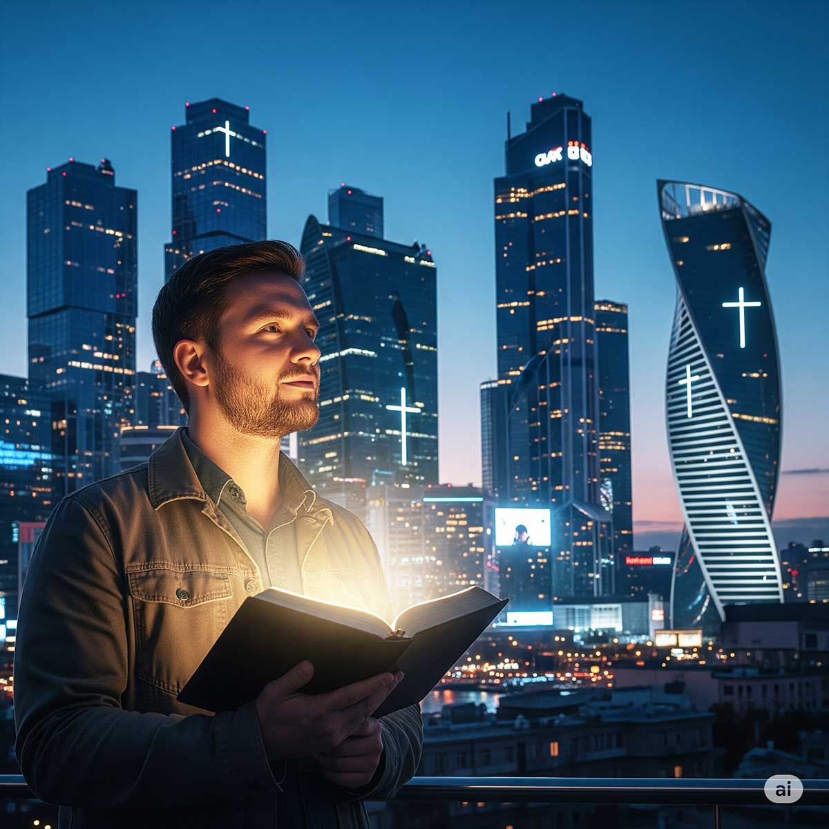 Um jovem cristão da cidade grande segura uma bíblia sagrada.