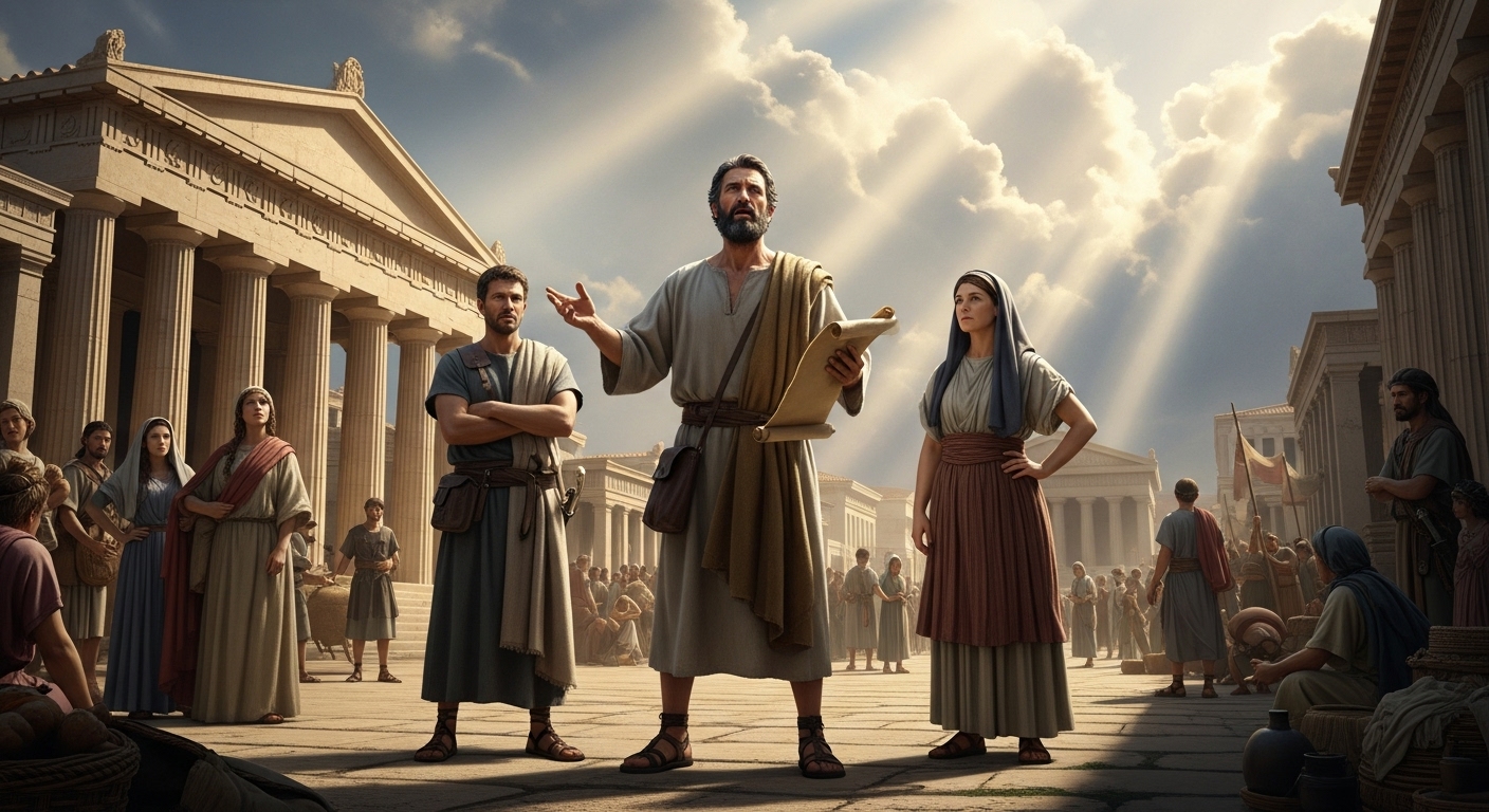 Paulo em Corinto pregando com ousadia, ao lado de Áquila e Priscila, em uma cidade antiga de Corinto