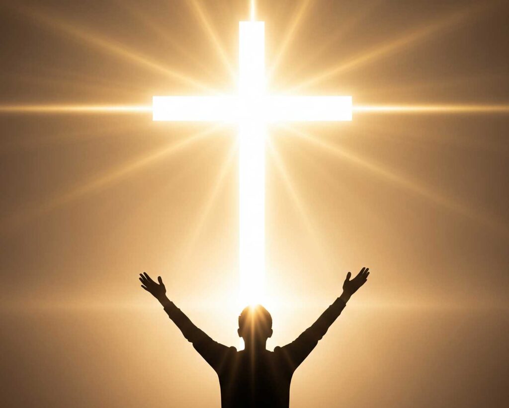 Um homem ergue os seus braços em frete a um cruz brilhante em sinal de adoração ao Deus altíssimo.