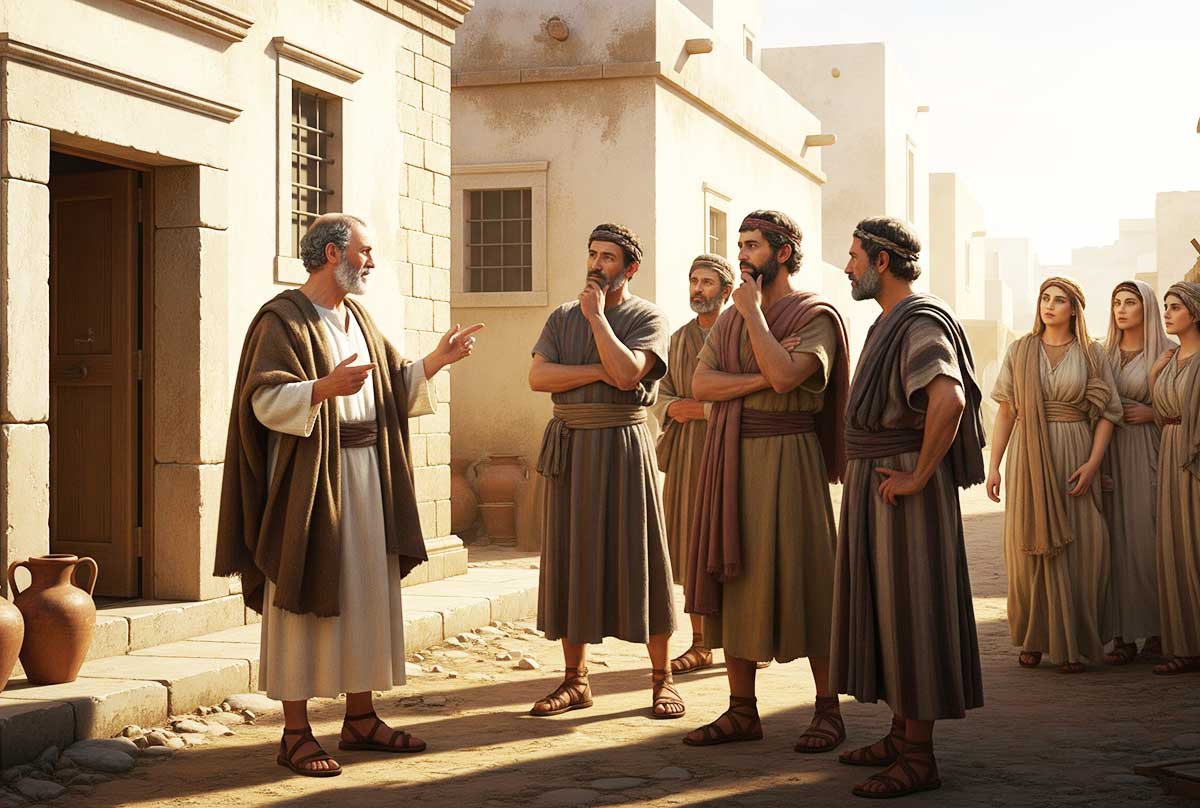 Paulo discute assuntos bíblicos com alguns gregos em Tessalônica.