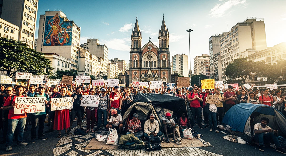 Multidões em grandes cidades, pobreza, igrejas, protestos sociais