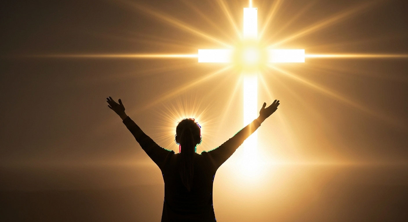 Cruz que brilha no horizonte, com a uma a imagem de uma silhueta de uma pessoai