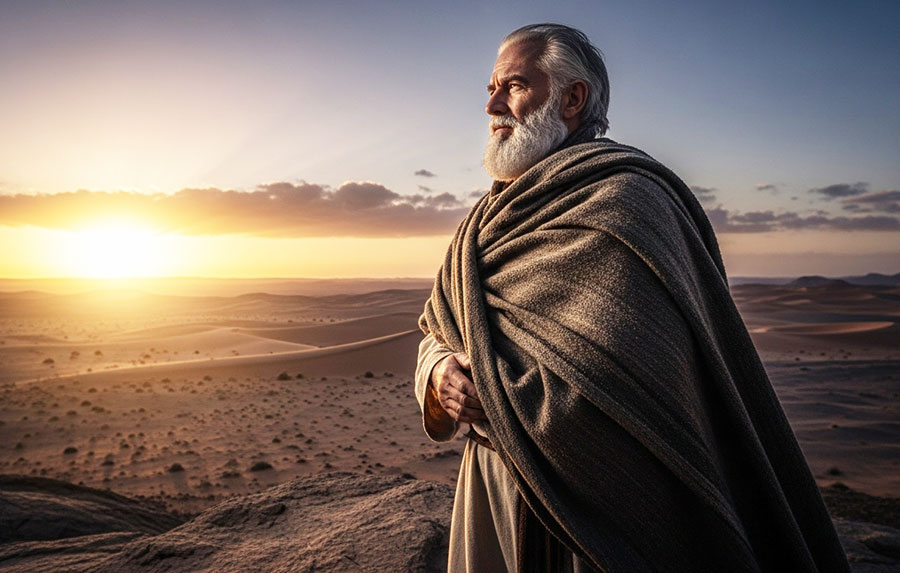 Elias no-amanhecer-no deserto e o seu manto sobre os ombros.