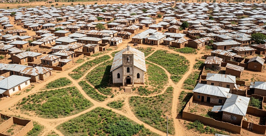 Vista aérea realista de vila cristã abandonada no norte da Nigéria, casas vazias, igreja ao centro.