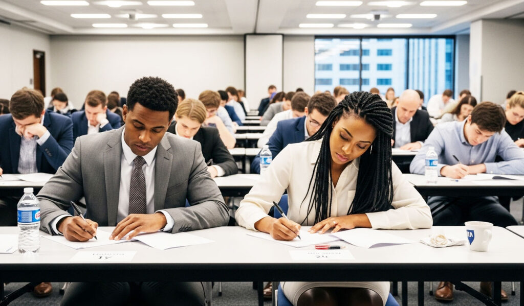 Pessoas em uma sala participam de um concurso público