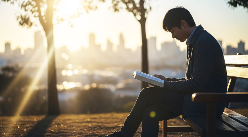 Um jovem debaixo de uma árvore lendo com calma uma bíblia