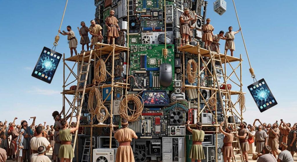 Construcão da Torre de Babel com váris peças de tecnologia moderna