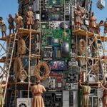 Construcão da Torre de Babel com váris peças de tecnologia moderna