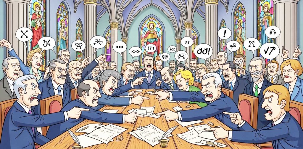 Uma reunião de homens e mulheres religiosos em um grande salão