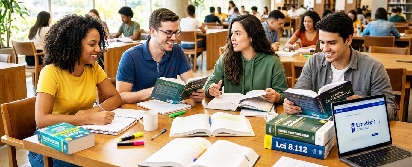 Jovens conversam animados buscando concurso público.