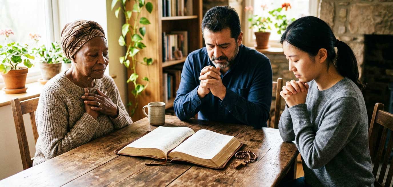 Três pessoas da familiaoram agradecendo a Deus.